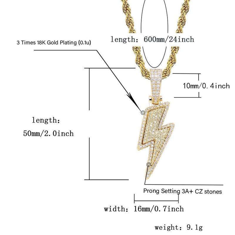 JINAO Hip Hop Lightning Bolt Design Pendant 18k Gold Plated Iced Out Cubic Zirconia Pendant Necklace with Micropave Simulated Diamond for Men Women (Gold) - Image 2